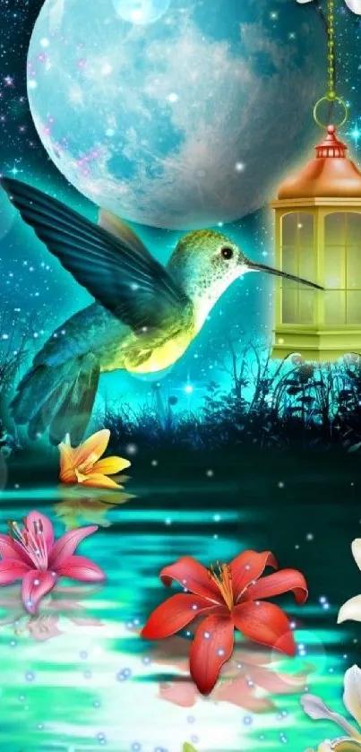 Hummingbird and flowers under a moonlit night with a teal ambiance.