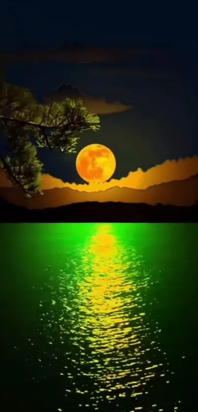 Moonlit lake with green reflections and mountains at night.