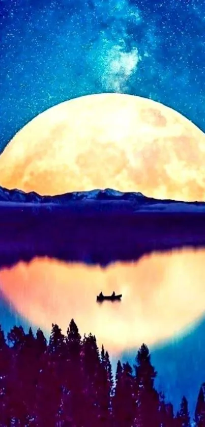 Beautiful full moon over a serene lake at night, with a starry sky background.