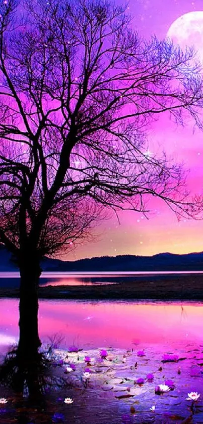 Colorful moonlit landscape with tree silhouette.