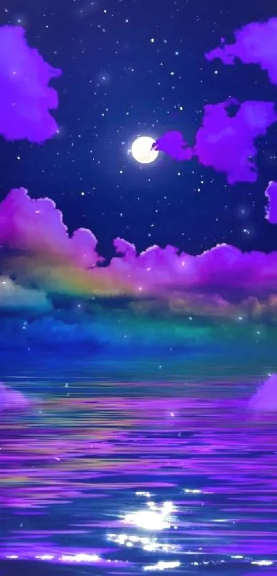 Moonlit ocean with purple clouds reflecting under a starry night sky.