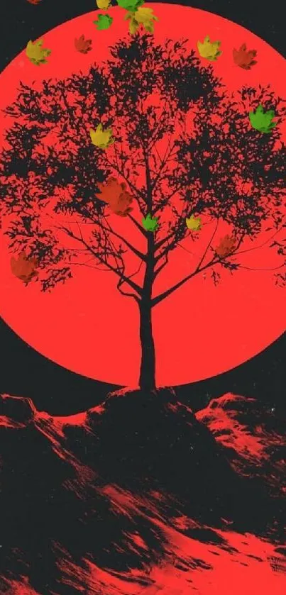 Silhouetted tree against a red moonlit sky wallpaper.