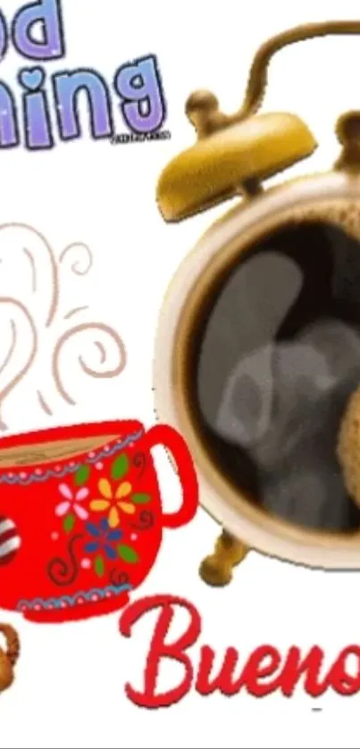 Colorful morning coffee-themed wallpaper with alarm clock and doodles.