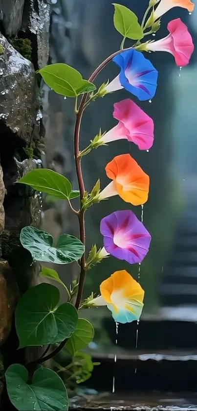Vibrant morning glory blooms against stone wall.