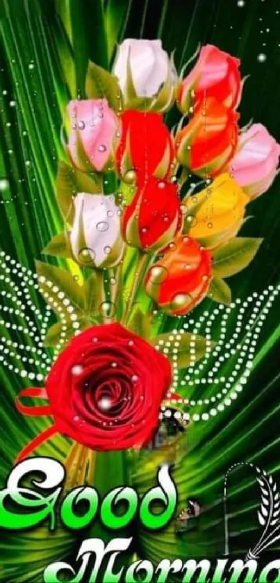 Vibrant rose bouquet on green leaves, Good Morning text.