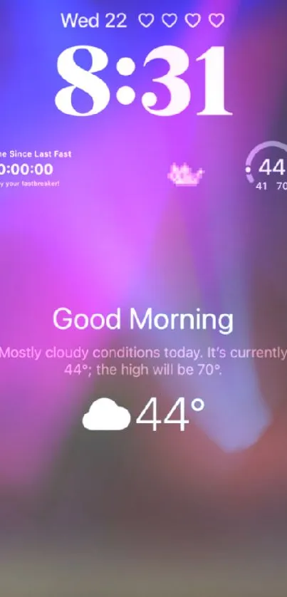 Vibrant mobile wallpaper with weather and time display.