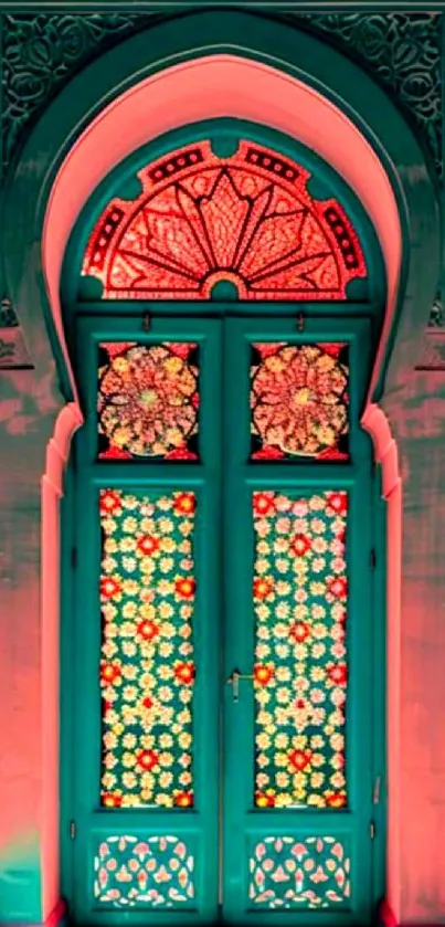 Vibrant Moroccan door with stained glass pattern.