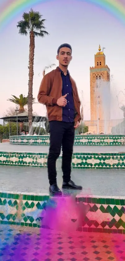 Man poses by vibrant fountain with rainbow and Moroccan tower backdrop.