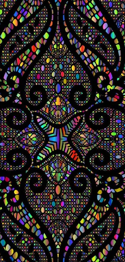 Vibrant mosaic art with colorful detailed patterns on a black background.