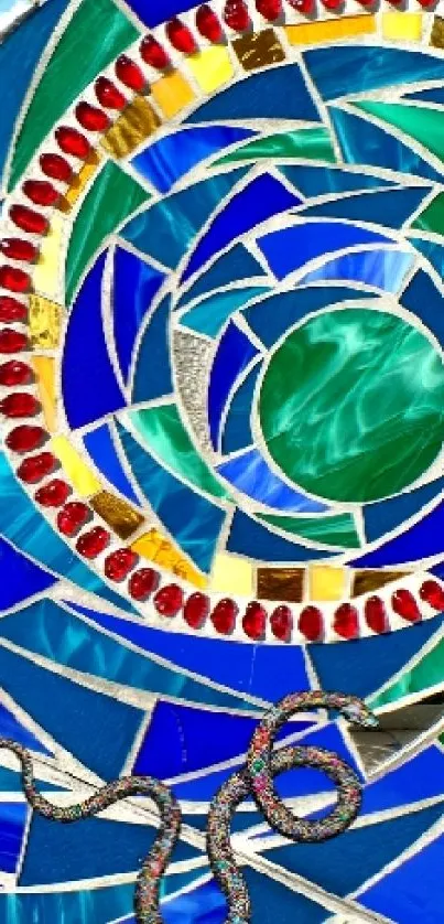 Vibrant blue mosaic art with intricate design and colorful patterns on wallpaper.