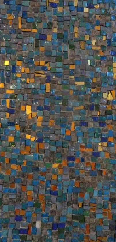 Colorful mosaic wallpaper with blue and orange tiles.