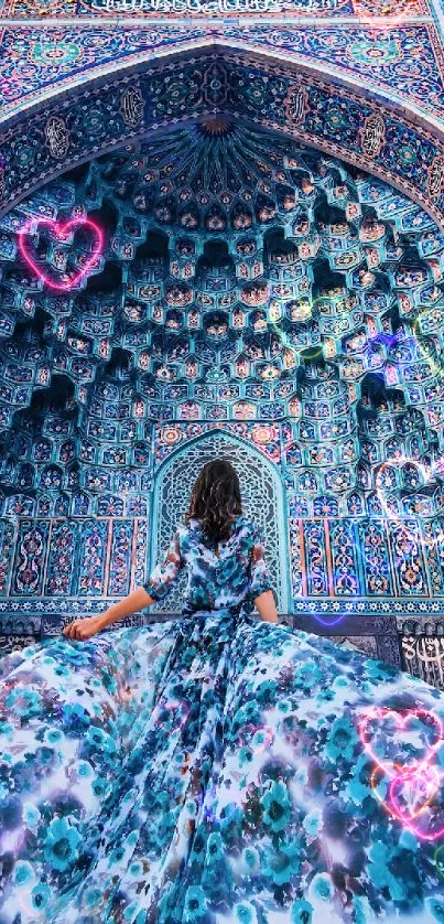 Woman in floral dress admiring intricate blue mosaic patterned wall.