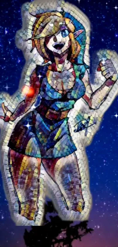 Vibrant mosaic figure set against a starry night sky.