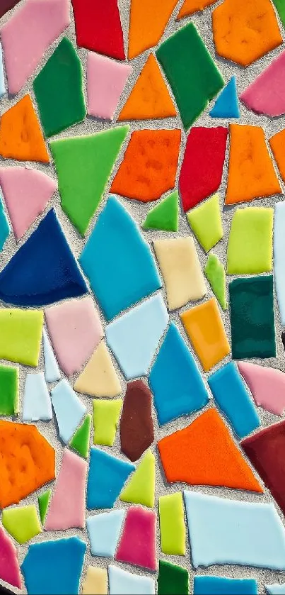 Vibrant mosaic wallpaper with colorful geometric tiles.