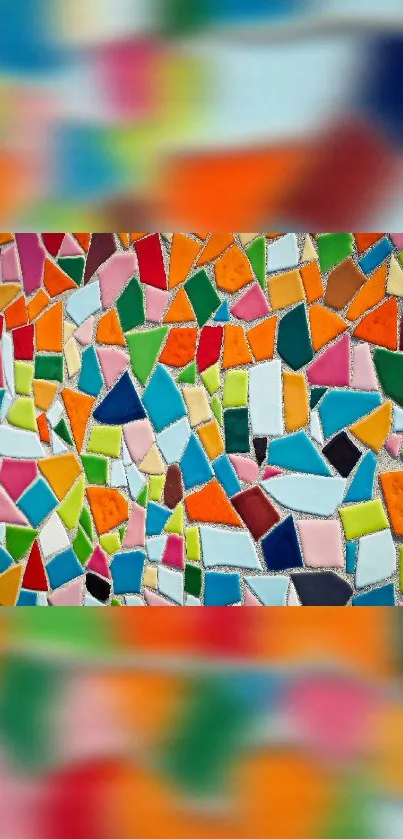 Vibrant mosaic wallpaper with colorful geometric shapes.