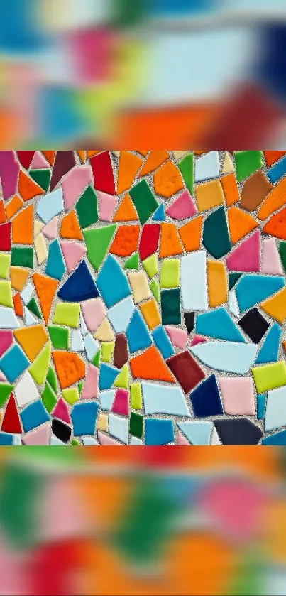 Vibrant mosaic wallpaper with colorful geometric tiles.