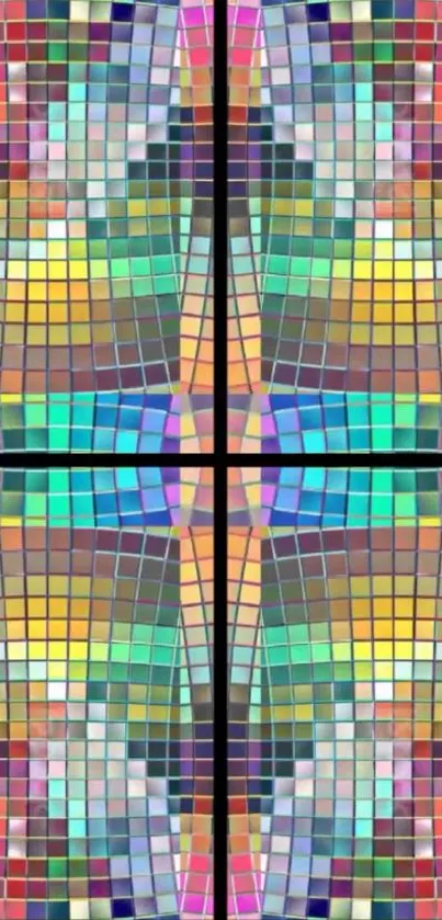 Vibrant mosaic design with colorful geometric squares.