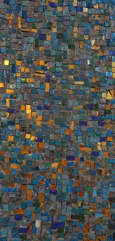 Abstract mosaic wallpaper with blue and orange tiles, perfect for phones.