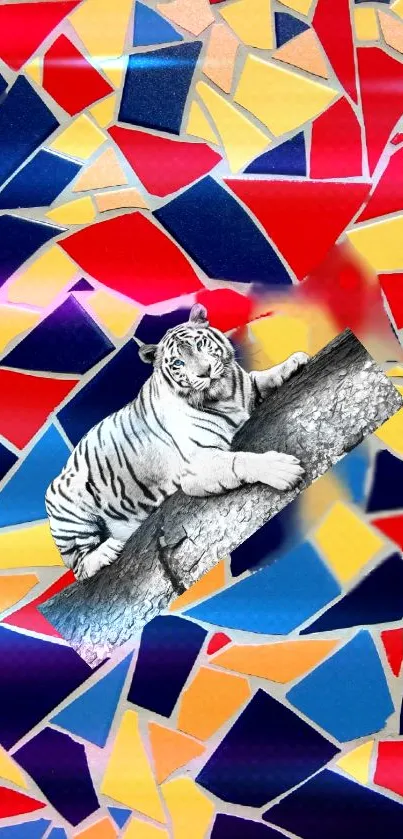 Vibrant mosaic mobile wallpaper with a tiger.