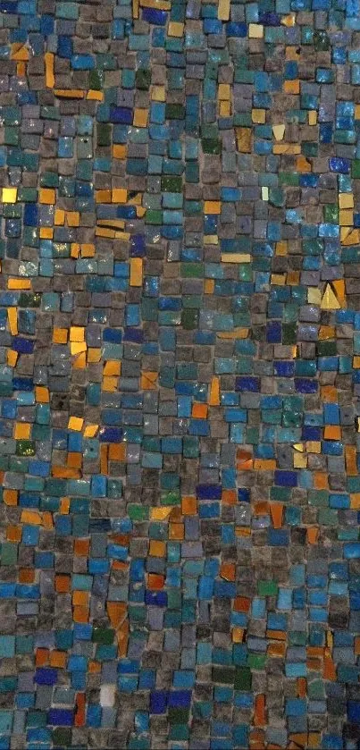 Colorful mosaic tile wallpaper with blue and gold hues for mobile screens.