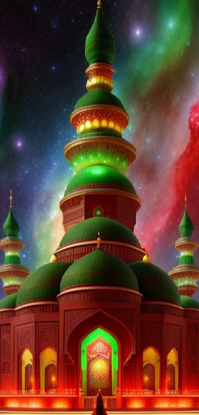 Colorful mosque under cosmic night sky