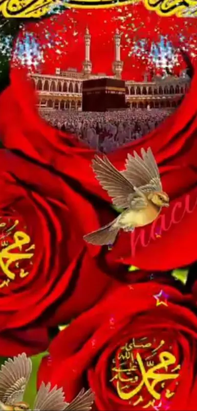 Colorful image of a mosque with roses and a bird.