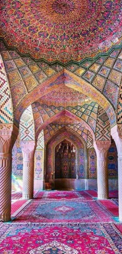 Vibrant mosque interior with colorful arches.