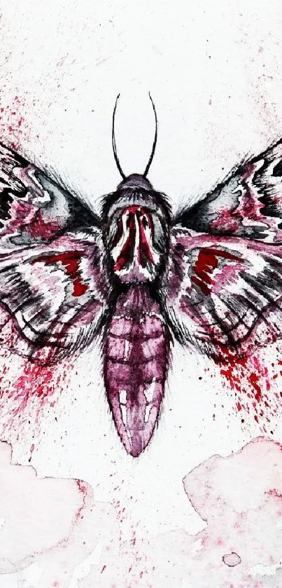 Artistic watercolor moth with vibrant burgundy splashes on a white background.