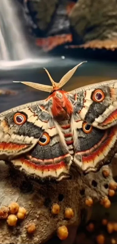 A vibrant moth on a rock, with a serene waterfall background.