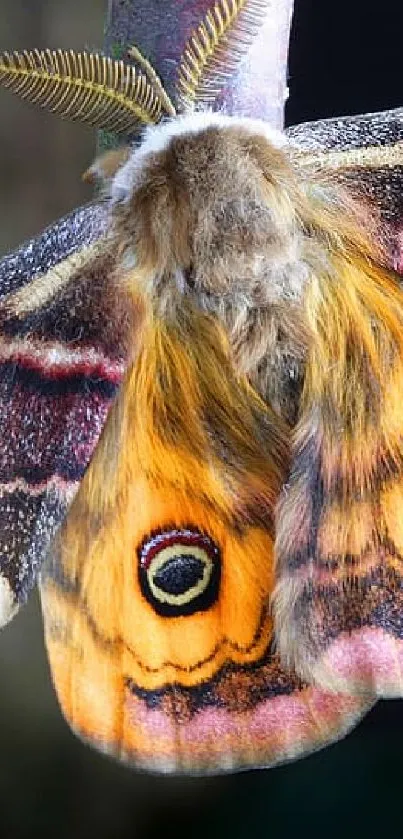 A vibrant moth with colorful patterns resting on a branch.