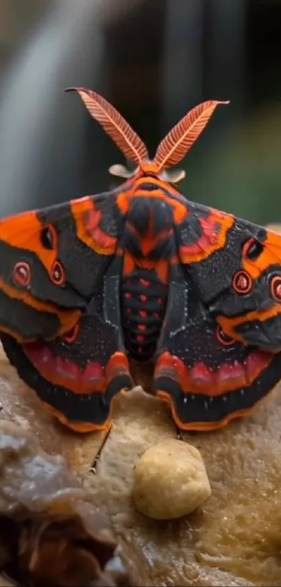 Vibrant moth with orange and black patterns perched on a textured rock.