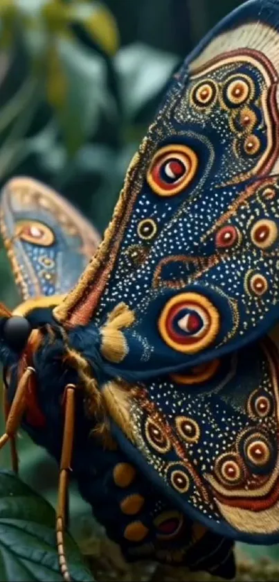 A vibrantly colored moth with intricate patterns resting on a green leaf.