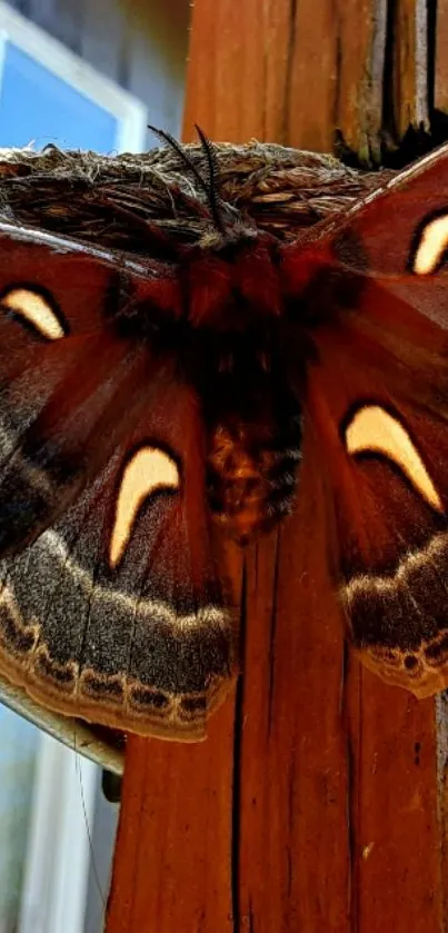 Close-up of a colorful moth on wood surface.