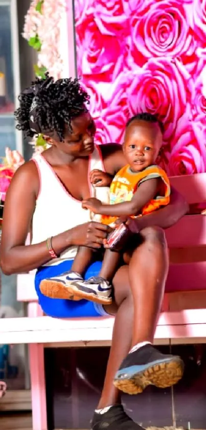 Mother and child sitting on a bench with floral background.