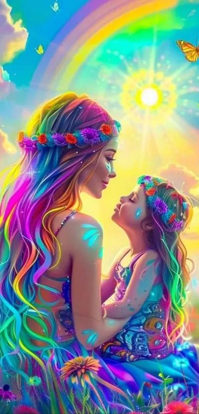Colorful fantasy art of mother and daughter under a bright rainbow sky.