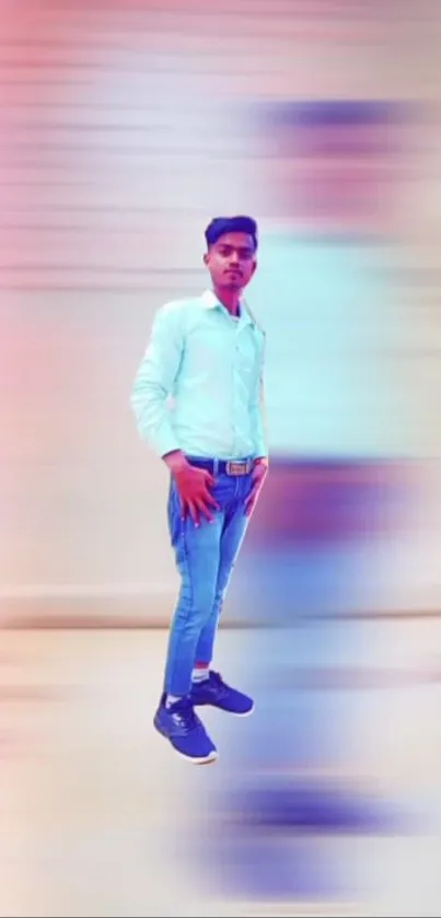 Young man with motion blur effect in vibrant colors of pink, blue, and beige.