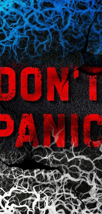 Bold abstract 'DON'T PANIC' wallpaper with vibrant colors.