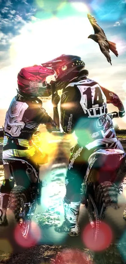 Motocross riders in action with vibrant colors and a dynamic backdrop.