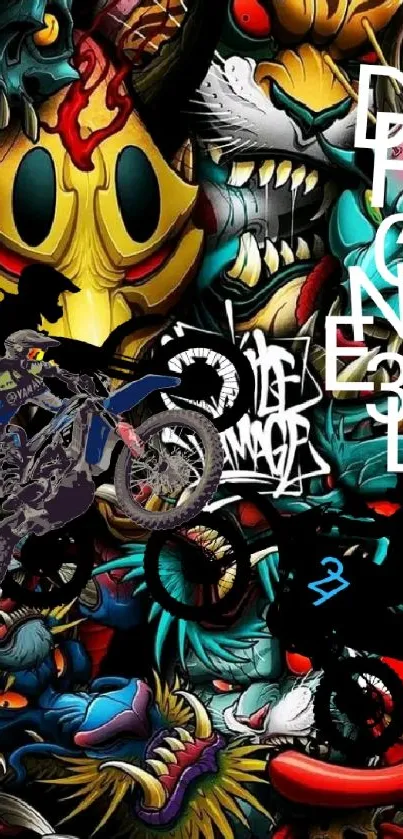 Vibrant motocross graffiti artwork featuring colorful designs and dynamic elements.