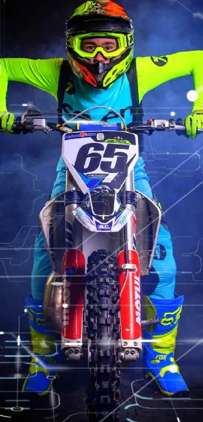 Vibrant motocross racer in neon gear on bike.