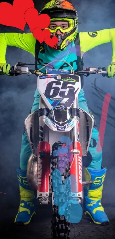 Vibrant motocross rider with neon gear on a blue gradient background.