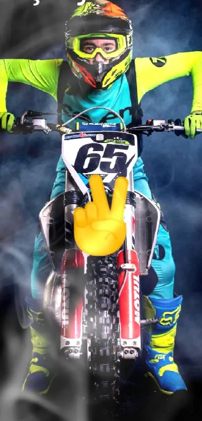 Motocross rider in vibrant gear on a smoky background.