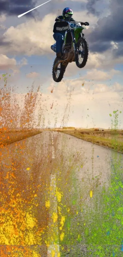 Vibrant motorbike jumping over colorful splash on road.