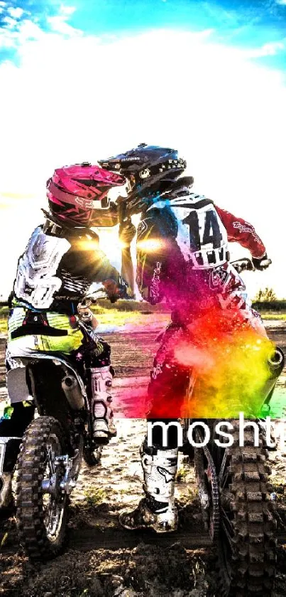 Two riders on motorbikes with vibrant colors and a scenic sunset backdrop.