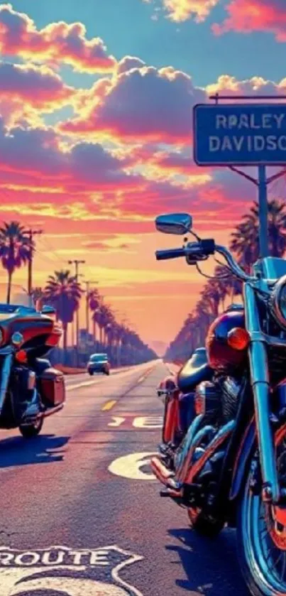 Motorbikes on a scenic route during vibrant sunset.