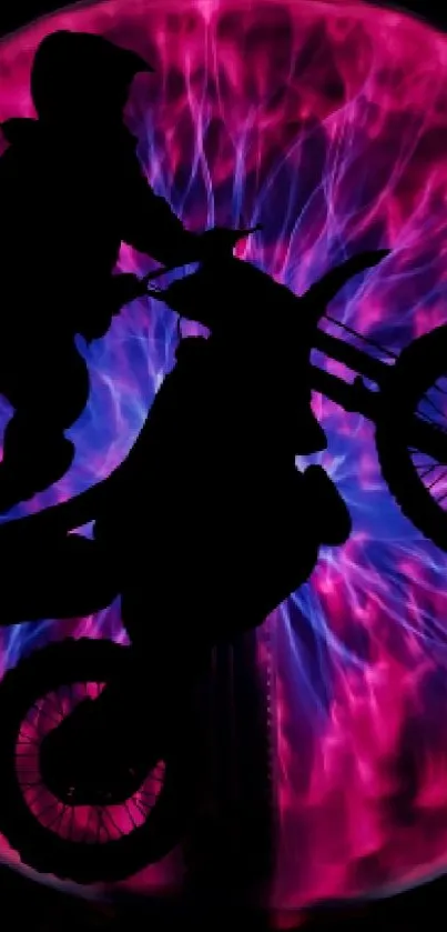 Silhouette motorbike on vibrant pink electric background.