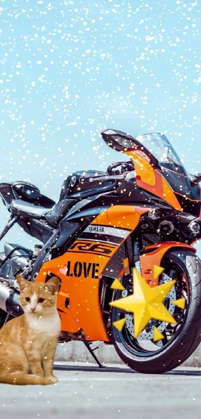 Orange motorcycle and cat in snowflakes under blue sky.