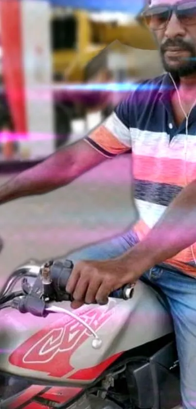 Man on motorcycle with bright neon accents in dynamic setting.