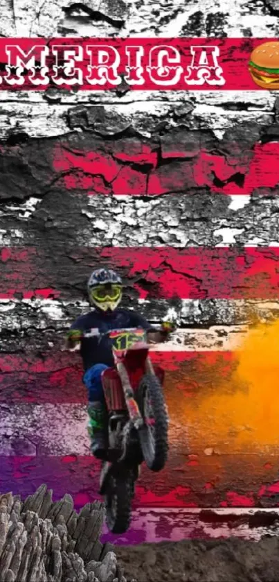 Motorcyclist on vibrant American-themed adventure wallpaper.