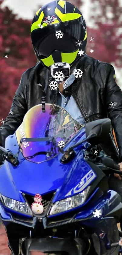 Person riding a blue motorcycle, wearing protective gear, in a vibrant setting.